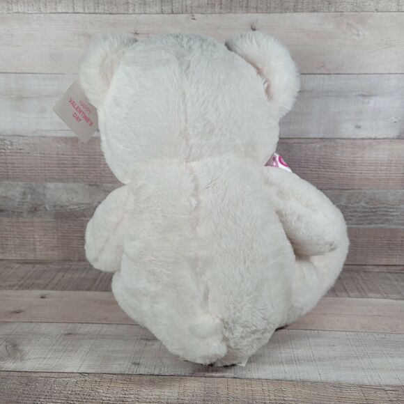 White Teddy Bear Plush Bear Dan Dee Pink Heart Paws Bow Stuffed Animal Valentine - Picture 3 of 9